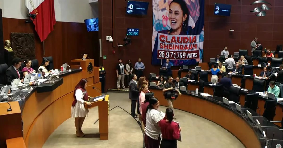 Despliegan lona gigante con foto de Claudia Sheinbaum en el Senado